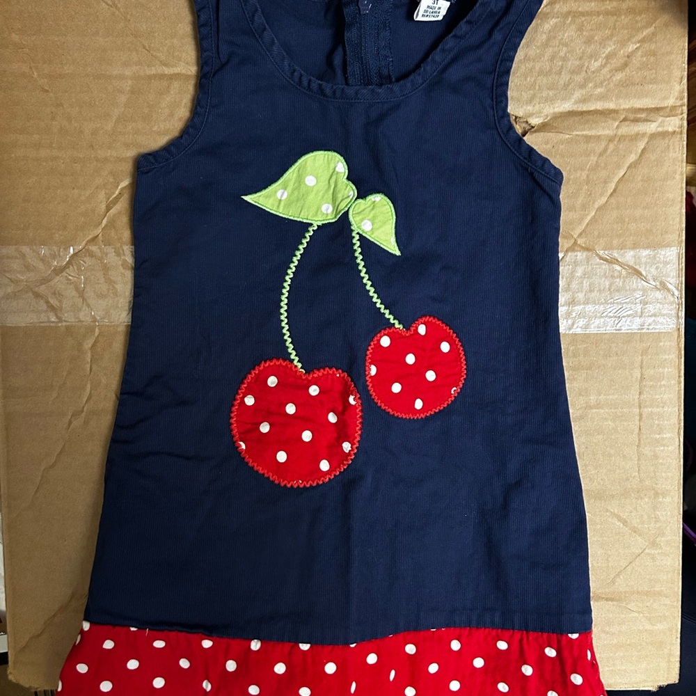 Hartstrings Navy Dress with Red Polka Dot Cherry Applique